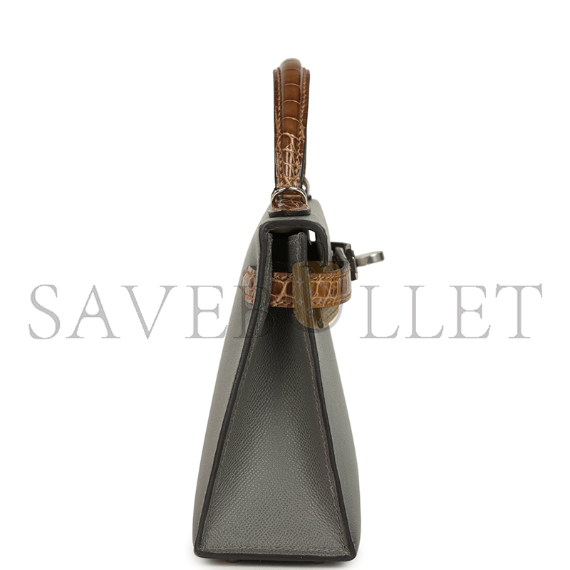 H**mes MASTER MINI KELLY SELLIER GRIS MEYER MADAME AND FICELLE SHINY ALLIGATOR TOUCH PALLADIUM HARDWARE (19*12*5.5cm)